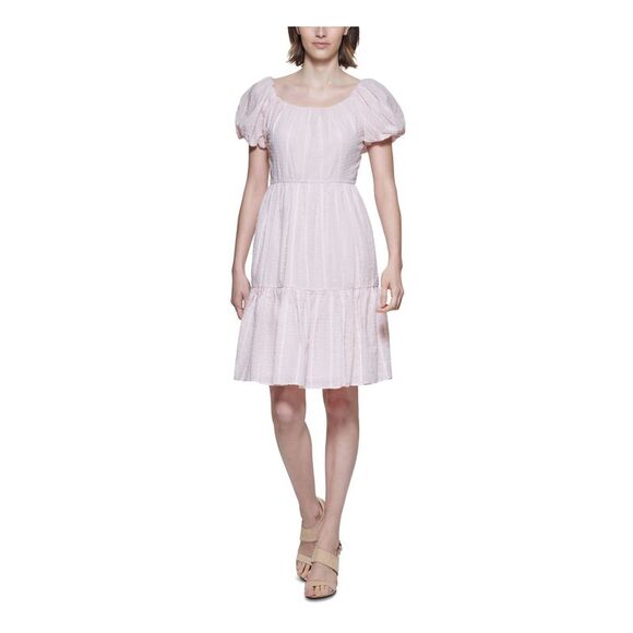 CALVIN KLEIN Womens Textured Pouf Sleeve V Neck Above The Knee Wear To Work Fit + Flare Dress